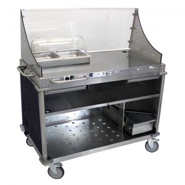 Cadco CBC-DC-L4 Navy Large Mobile Demo / Sampling Cart With 1 Hot Full Size Buffet Server And Removable Sneeze Guard, 120V, 300W
