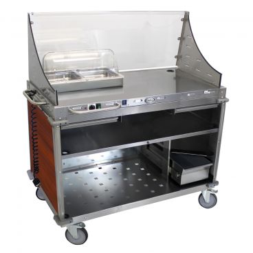 Cadco CBC-DC-L5 Cherry Large Mobile Demo / Sampling Cart With 1 Hot Full Size Buffet Server And Removable Sneeze Guard, 120V, 300W