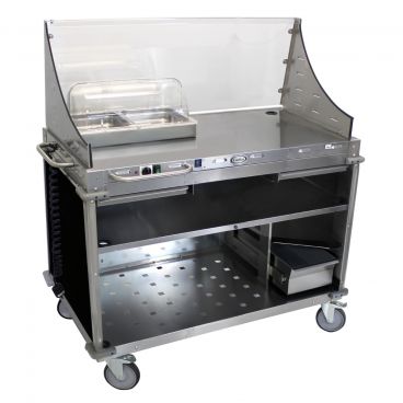 Cadco CBC-DC-L6 Black Large Mobile Demo / Sampling Cart With 1 Hot Full Size Buffet Server And Removable Sneeze Guard, 120V, 300W