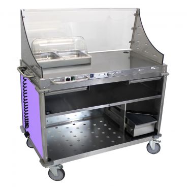 Cadco CBC-DC-L7 Purple Large Mobile Demo / Sampling Cart With 1 Hot Full Size Buffet Server And Removable Sneeze Guard, 120V, 300W