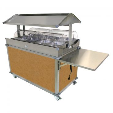 Cadco CBC-GG-4-L1 Chestnut MobileServ Deluxe Grab & Go Mobile Merchandising Cart With 4 Hot Food Wells, 120 Volts