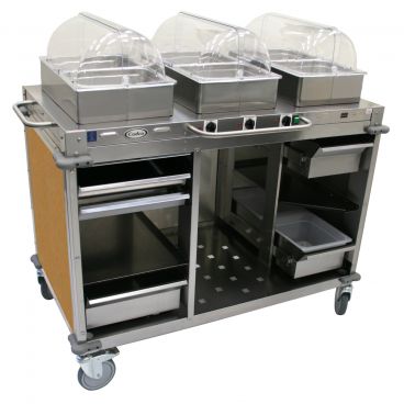 Cadco CBC-HHH-L1-4 Chestnut MobileServ 3 Bay Mobile Hot Buffet Cart With 4" Deep Pans, 120V, 900W