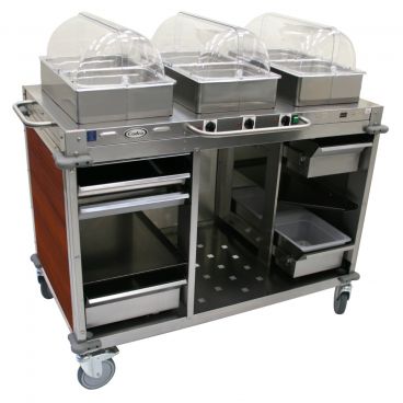 Cadco CBC-HHH-L5-4 Cherry MobileServ 3 Bay Mobile Hot Buffet Cart With 4" Deep Pans, 120V, 900W