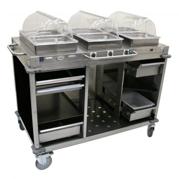 Cadco CBC-HHH-L6 Black MobileServ 3 Bay Mobile Hot Buffet Cart With 2 1/2" Deep Pans, 120V, 900W