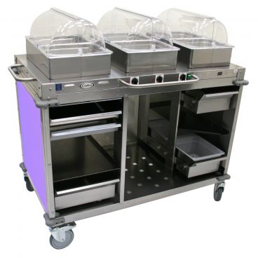 Cadco CBC-HHH-L7-4 Purple MobileServ 3 Bay Mobile Hot Buffet Cart With 4" Deep Pans, 120V, 900W