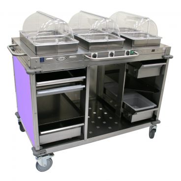Cadco CBC-HHH-L7 Purple MobileServ 3 Bay Mobile Hot Buffet Cart With 2 1/2" Deep Pans, 120V, 900W