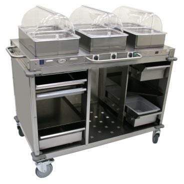Cadco CBC-HHH-LST-4 Stainless Steel MobileServ 3 Bay Mobile Hot Buffet Cart With 4" Deep Pans, 120V, 900W