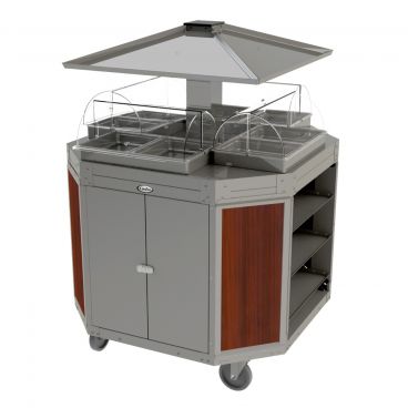 Cadco CBC-OCT-L5 Cherry MobileServ Deluxe Octagon 4 Hot Bay Grab & Go Mobile Merchandising Cart With 2 1/2" Deep Pans, 120V, 1200W