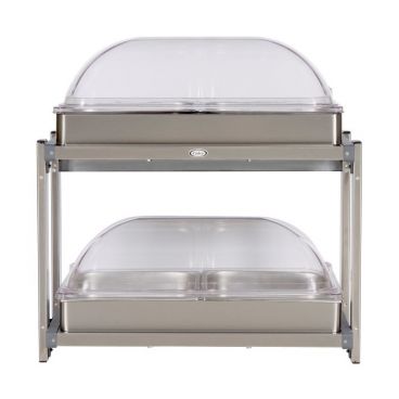 Cadco CMLB-24RT 23-1/4" Multi-Level Buffet Server w/ Two-Level Warming Tray, Clear Rolltop Lids, And Four Half-Sized Sheet Pans, 120 Volts