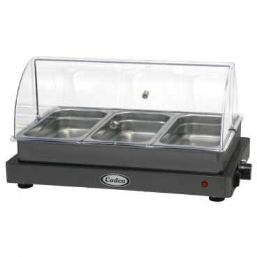 Cadco WTBS-3N-HD 24" Heavy Duty Stainless Steel Buffet Server w/ Three Stainless Steam Table Pans And Clear Tritan Copolymer Rolltop Lid, 120 Volts