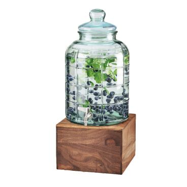Cal-Mil 3568-2-78 Mid-Century Round 2 Gallon 10 1/4" x 10 1/4" x 21" Glass Beverage Dispenser with Walnut Base and Ice Chamber