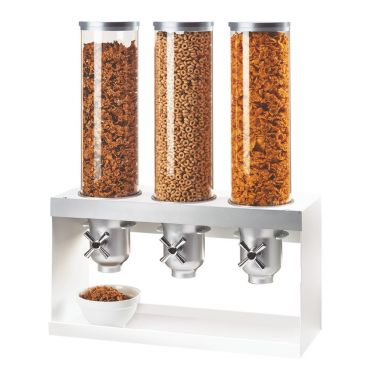 Cal-Mil 3598-3-55 White 20 1/2" Wide Triple 4.5-Liter Clear Plastic Cylinder Turn And Serve Luxe Cereal Dispenser With Metal Base And Stainless Steel Trim