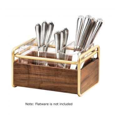 Cal-Mil 3700-46 Mid-Century 9 1/2" x 6 1/2" x 5 1/2" 3-Compartment Walnut Wood Flatware Organizer with Brass Accents