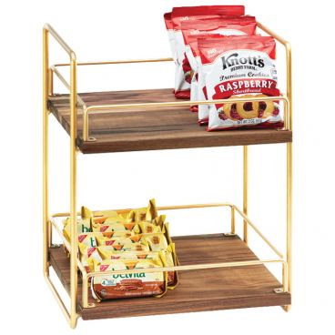 Cal-Mil 3704-2-46 Wood / Brass Frame 16 1/2" High 13" Wide Mid-Century 2-Tier Merchandiser With Adjustable Wood Shelves