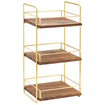 Cal-Mil 3704-3-46 Wood / Brass Frame 26" High 13" Wide Mid-Century 3-Tier Merchandiser With Adjustable Wood Shelves