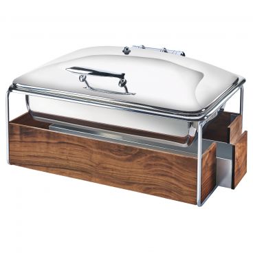 Cal-Mil 3705-49 Walnut / Chrome Frame 23" Wide 8 qt Full-Size Mid-Century Chafing Dish With Windguards And Hinged Stainless Steel Self-Closing Cover