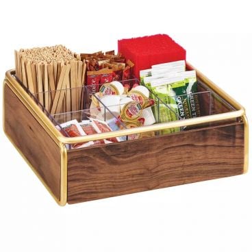 Cal-Mil 3707-46 Mid-Century 9 Compartment Wood Condiment Organizer with Brass Accents - 12" x 12" x 4 1/2"