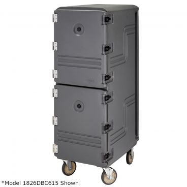 Cambro 1826DBCSP615 Charcoal Gray 21 1/2" Wide Security Package Double-Compartment Camcart Insulated Polyethylene Cart For 18" x 26" Food Storage Boxes With 6" Casters