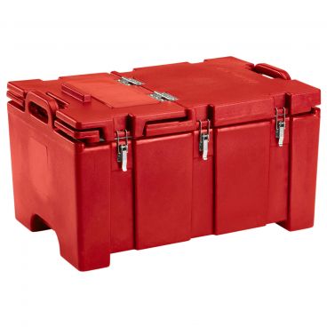 Cambro 100MPCHL158 Hot Red 26 3/8" Wide Camcarrier 100 Series Top-Loading 8" Deep Insulated Polyethylene Food Pan Carrier With Hinged Serving Lid For Full-Size GN Food Pans