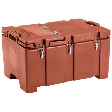 Cambro 100MPCHL402 Brick Red 26 3/8" Wide Camcarrier 100 Series Top-Loading 8" Deep Insulated Polyethylene Food Pan Carrier With Hinged Serving Lid For Full-Size GN Food Pans