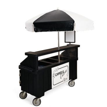 Cambro CVC72110 Black Camcruiser Vending Cart with 3 Counter Wells and 72" Umbrella