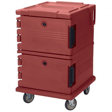 Cambro UPC1200402 Brick Red 16 Pan Ultra Camcart Series 28 1/2" Wide 45 1/2" High Mobile Front-Loading Insulated Polyethylene Food Pan Carrier Cart With 6" Casters