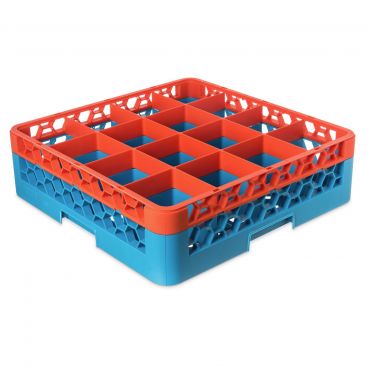 Carlisle RG16-1C412 Carlisle Blue OptiClean 16 Compartment Glass Rack with 1 Orange Color-Coded Extender