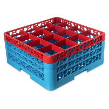 Carlisle RG16-3C410 OptiClean 16 Compartment Glass Rack, Red Color-Coded with 3 Extenders