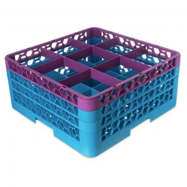 Carlisle RG9-3C414 OptiClean 9 Compartment Dishwasher Glass Rack, Lavender Color-Coded with 3 Extenders