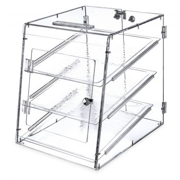 Carlisle SPD303KD07 Unassembled Clear Acrylic 3-Tray Pastry Display Case with Front and Rear Door - 18" x 14" x 17-1/2"