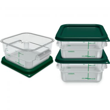 Carlisle 11950-307 Squares Food Storage Containers Clear Polycarbonate with Green Print, With Green Lids - 2 Quart Capacity