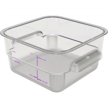 Carlisle 11950AF07 Squares Clear Polycarbonate Food Storage Container with Purple Print - 2 Quart Capacity