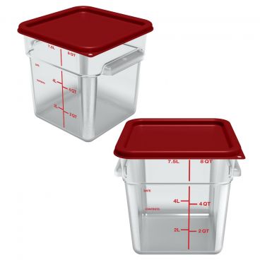 Carlisle 11953-207 Squares Food Storage Containers Clear Polycarbonate with Red Print, With Red Lids - 8 Quart Capacity