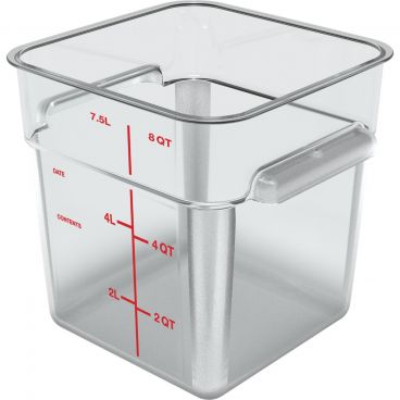 Carlisle 1195307 Squares Clear Polycarbonate Food Storage Container with Red Print - 8 Quart Capacity