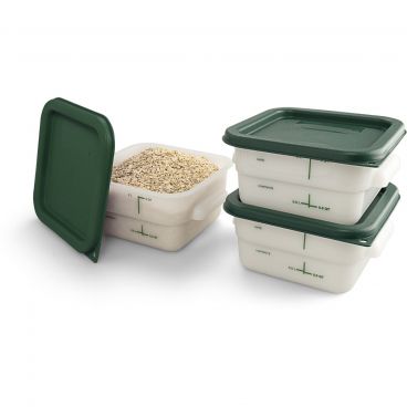 Carlisle 11960-302 Squares Food Storage Containers White Polyethylene with Green Print, With Green Lids - 2 Quart Capacity