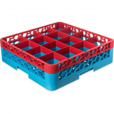 Carlisle RG16-1C410 Carlisle Blue OptiClean 16 Compartment Glass Rack with 1 Red Color-Coded Extender
