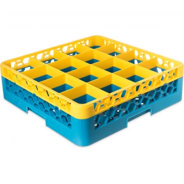 Carlisle RG16-1C411 Carlisle Blue OptiClean 16 Compartment Glass Rack with 1 Yellow Color-Coded Extender