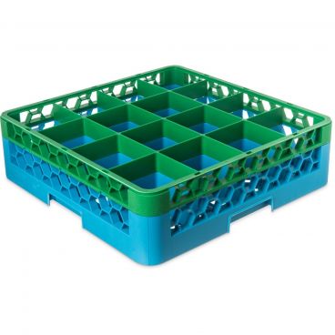 Carlisle RG16-1C413 Carlisle Blue OptiClean 16 Compartment Glass Rack with 1 Green Color-Coded Extender