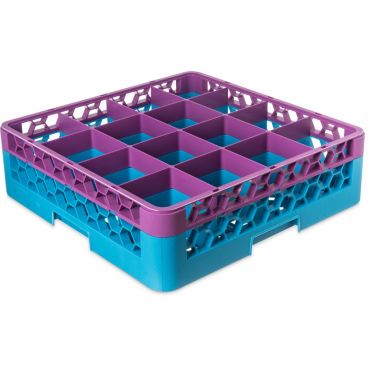 Carlisle RG16-1C414 Carlisle Blue OptiClean 16 Compartment Glass Rack with 1 Lavender Color-Coded Extender