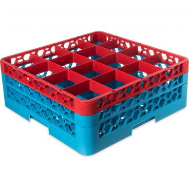 Carlisle RG16-2C410 OptiClean 16 Compartment Glass Rack, Red Color-Coded with 2 Extenders