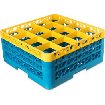 Carlisle RG16-3C411 OptiClean 16 Compartment Glass Rack, Yellow Color-Coded with 3 Extenders