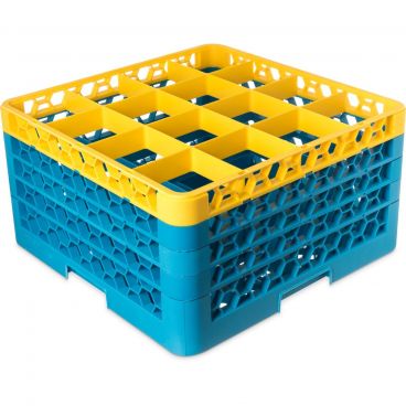 Carlisle RG16-4C411 OptiClean 16 Compartment Glass Rack, Yellow Color-Coded with 4 Extenders