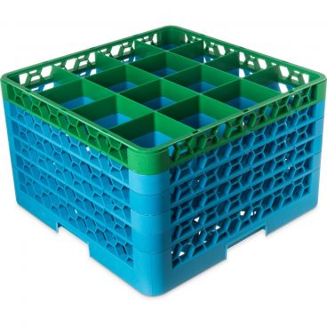 Carlisle RG16-5C413 OptiClean 16 Compartment Glass Rack, Green Color-Coded with 5 Extenders
