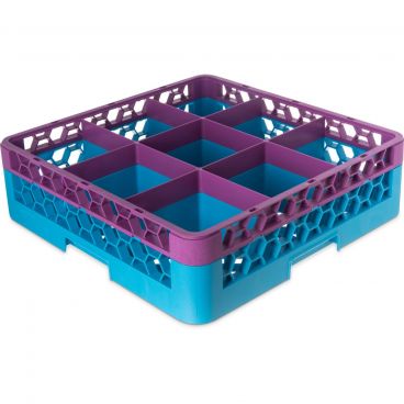 Carlisle RG9-1C414 OptiClean Dishwasher Glass Rack 9 Compartments with 1 Lavender Color Coded Extender