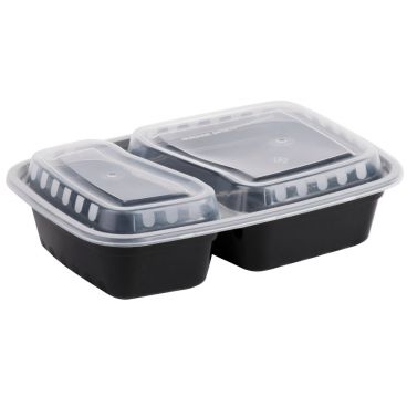 Carry Boss RSL-9828 Black Polypropylene 32 Ounce Rectangular Two-Compartment Food Take-Out Container with Clear Lid - 8.75" x 6.25"
