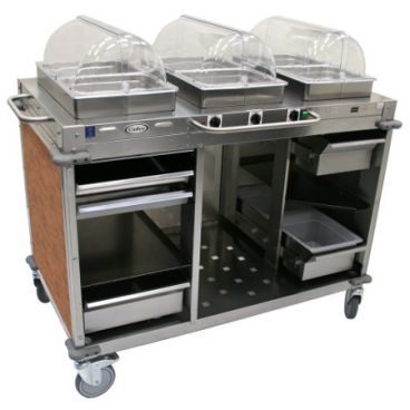 Cadco CBC-HHH-L1 Chestnut MobileServ 3 Bay Mobile Hot Buffet Cart With 2 1/2" Deep Pans, 120V, 900W