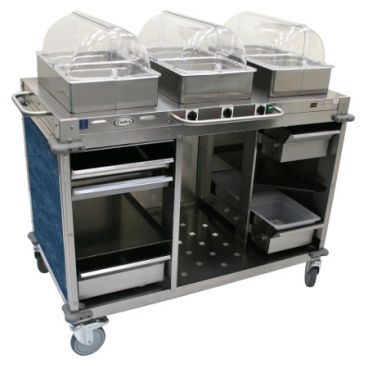 Cadco CBC-HHH-L4 Navy MobileServ 3 Bay Mobile Hot Buffet Cart With 2 1/2" Deep Pans, 120V, 900W