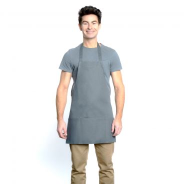 Chef Approved 167BAFHGR Gray 25" x 28" Poly-Cotton Mid Length Bib Apron With Pockets