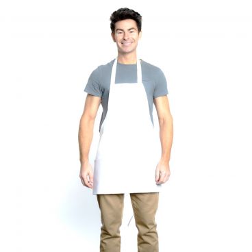 Chef Approved 167BAFHWH White 25" x 28" Poly-Cotton Mid Length Bib Apron With Pockets