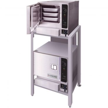 Cleveland Range (2) 22CGT33.1 Liquid Propane Double-Stacked SteamChef 3 ENERGY STAR Certified 6 Full-Size Pan Capacity Counter Model Gas-Fired Boilerless Convection Steamers On ES26304433G Stand, 64,000 BTU 120V